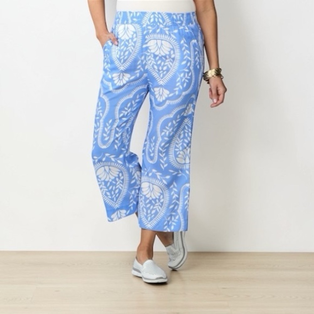 Joie, 100% Linen Blue Printed Wide Leg Pull-On Beach Pants, Medium